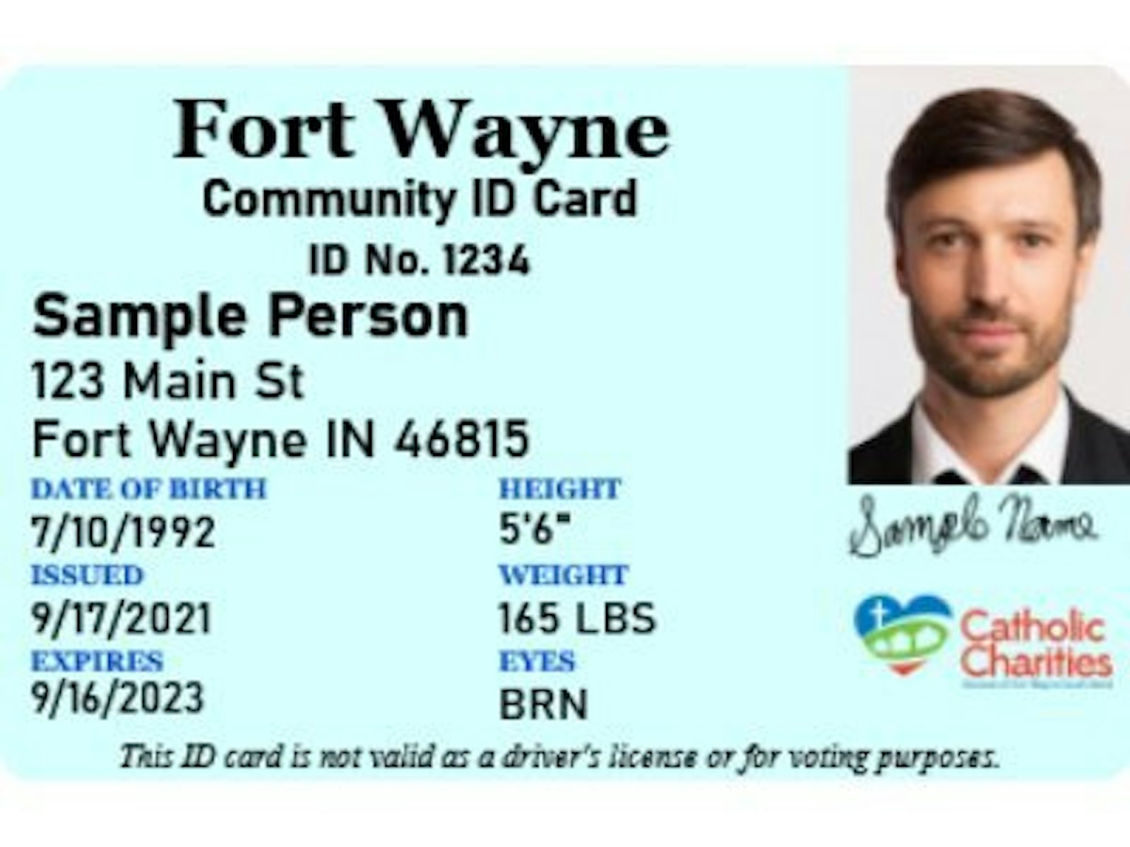 This is an example of a new ID card developed by Catholic Charities in the Diocese of Fort Wayne-South Bend, Ind. Agency officials said they hope the card will provide immigrants, the homeless and others in need a way to access city services. (CNS photo/Nicole Kurut, Catholic Charities courtesy Today's Catholic)
