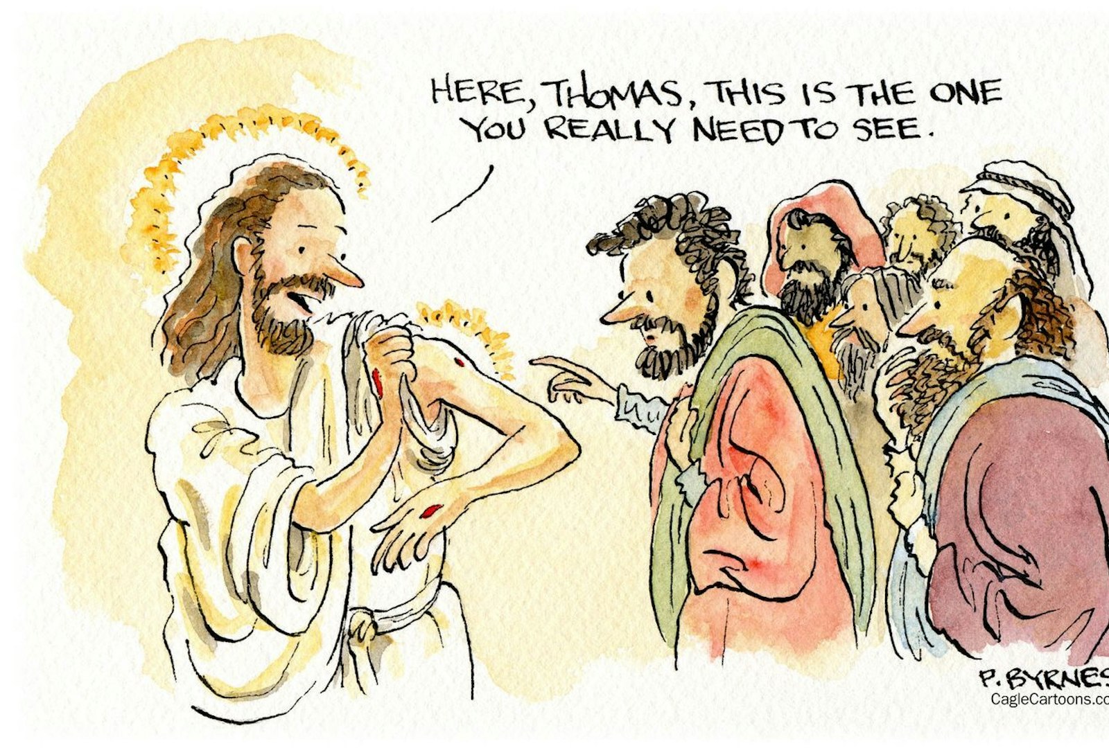 One of Byrnes’ recent cartoons, “Vaccine Hesitant Thomas,” is pictured. While Byrnes’ cartoons often invoke religious — and sometimes political — themes, his aim is to provoke thought and conversation using metaphors and humor.
